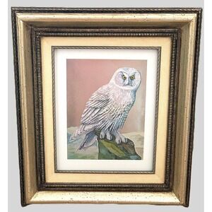 '77 White OWL Framed MCM Wall Art Metallic Foil Highlights w Signature 15x13 Vtg